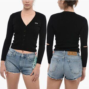 NWT Off-White Logo Cardigan Sweater Black Sz 42 Cropped Rib Knit Elbow Cut-out